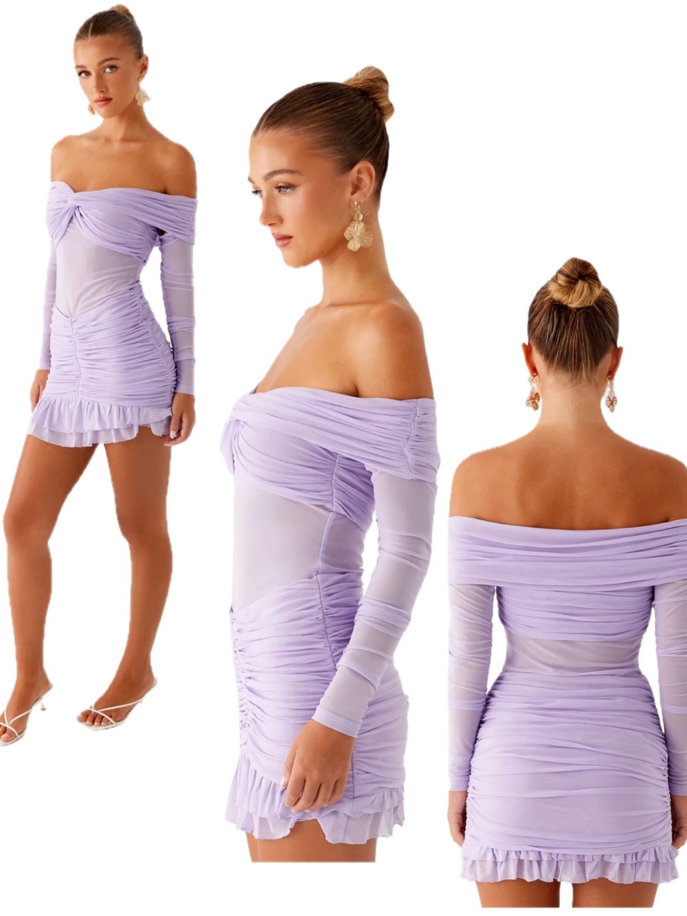 Peppermayo Tiff Lilac Off Shoulder Ruched Mesh Mini Dress XL / US 10 NWT